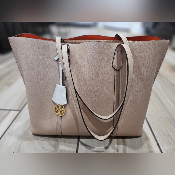 Tory Burch Blush Pebbled Leather Large Tote Bag Gold Logo Charm Zip Top - Picture 3 of 13